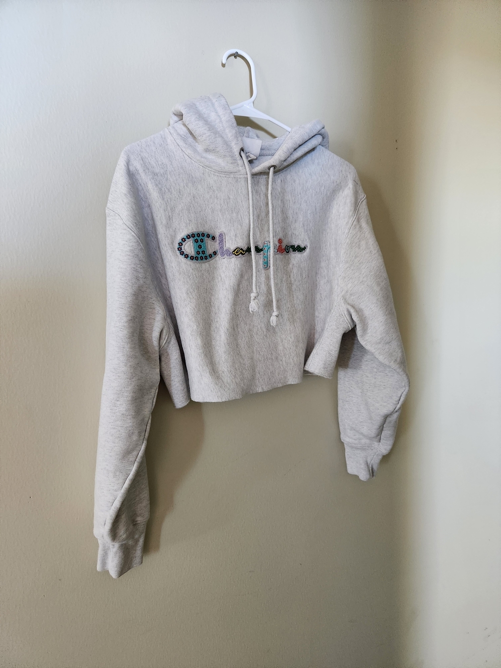 Champion Light Gray Cropped Hoodie with Jeweled Logo